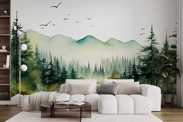 Watercolor of a forest and mountains