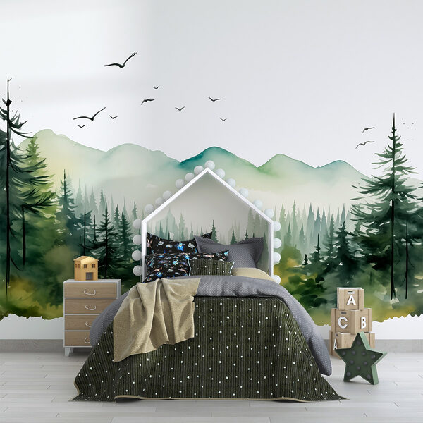 Watercolor of a forest and mountains