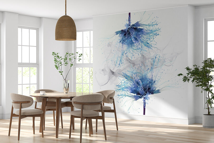 Blue flowers with white ink in the air