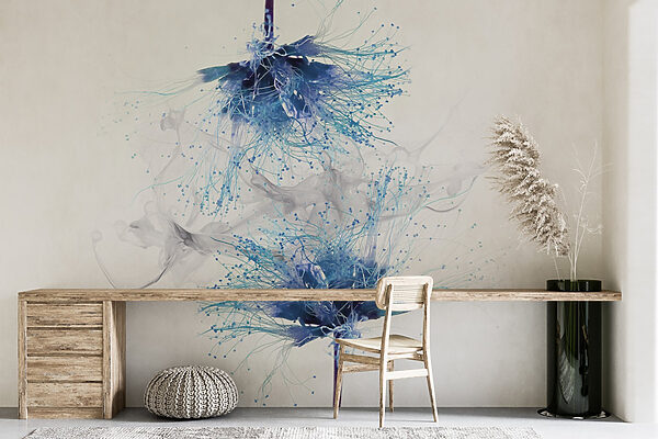 Blue flowers with white ink in the air Blue flowers with white ink in the air