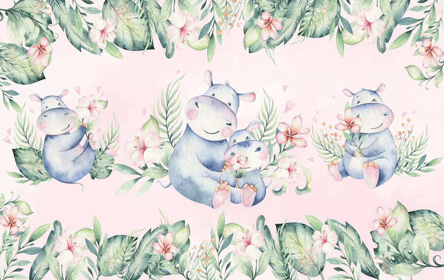 Seamless pattern of watercolor hippos and flowers