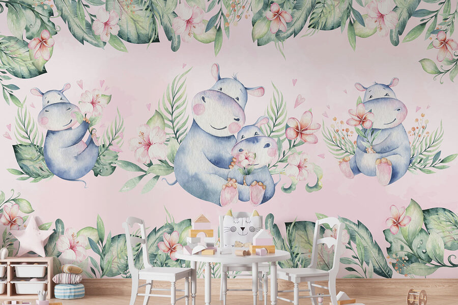 Seamless pattern of watercolor hippos and flowers