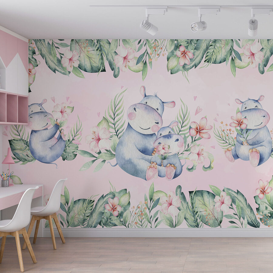Seamless pattern of watercolor hippos and flowers