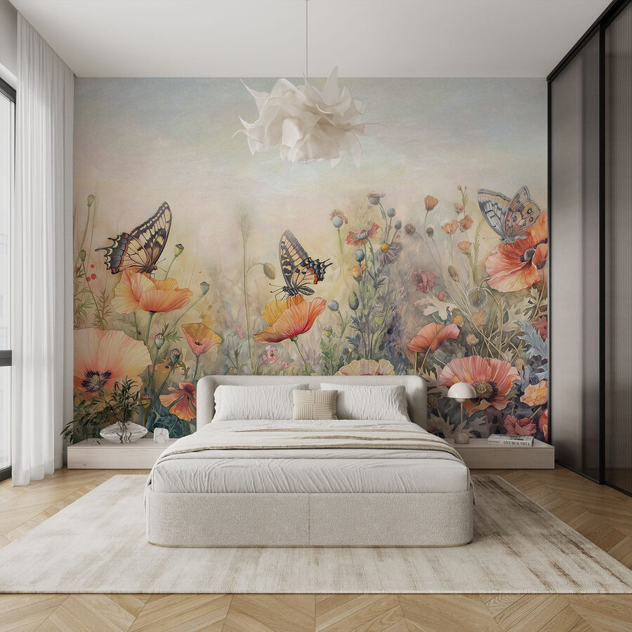 Butterflies on flowers in a field