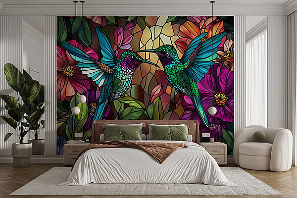 Wall murals Wall murals Stained glass window with colorful birds (SKU: w02287)