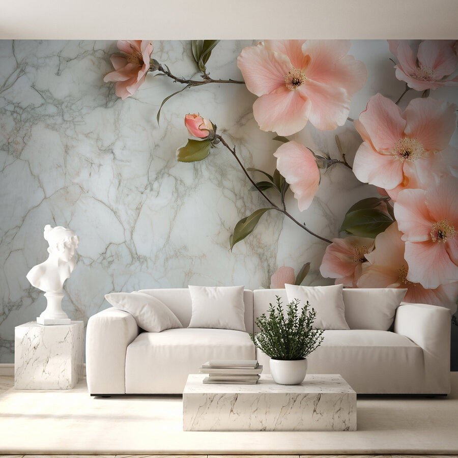 Group of pink flowers on a marble surface
