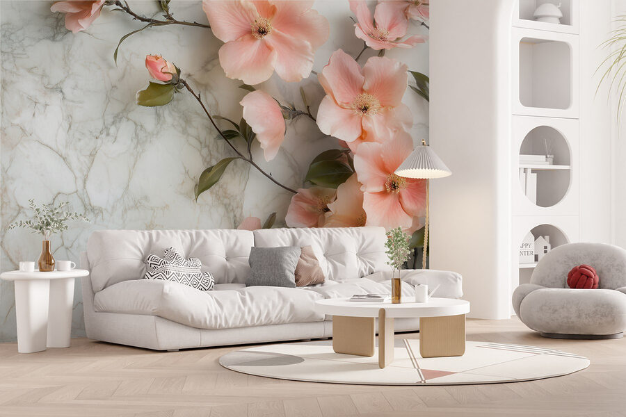 Group of pink flowers on a marble surface