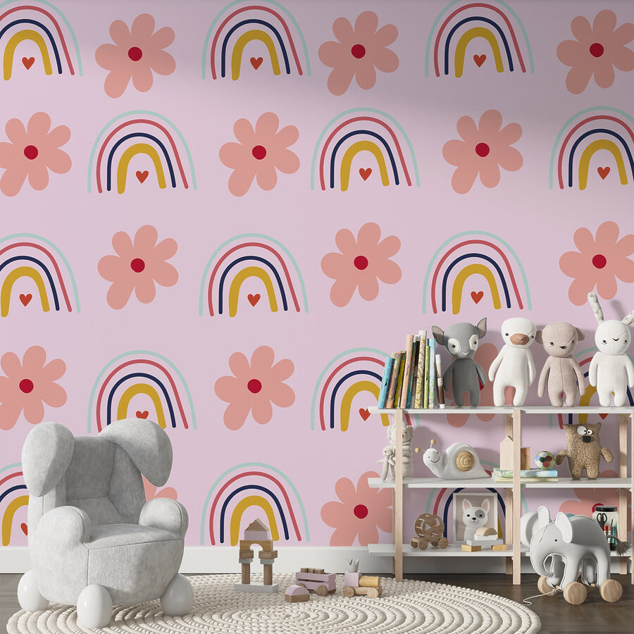 Pattern of flowers and rainbows