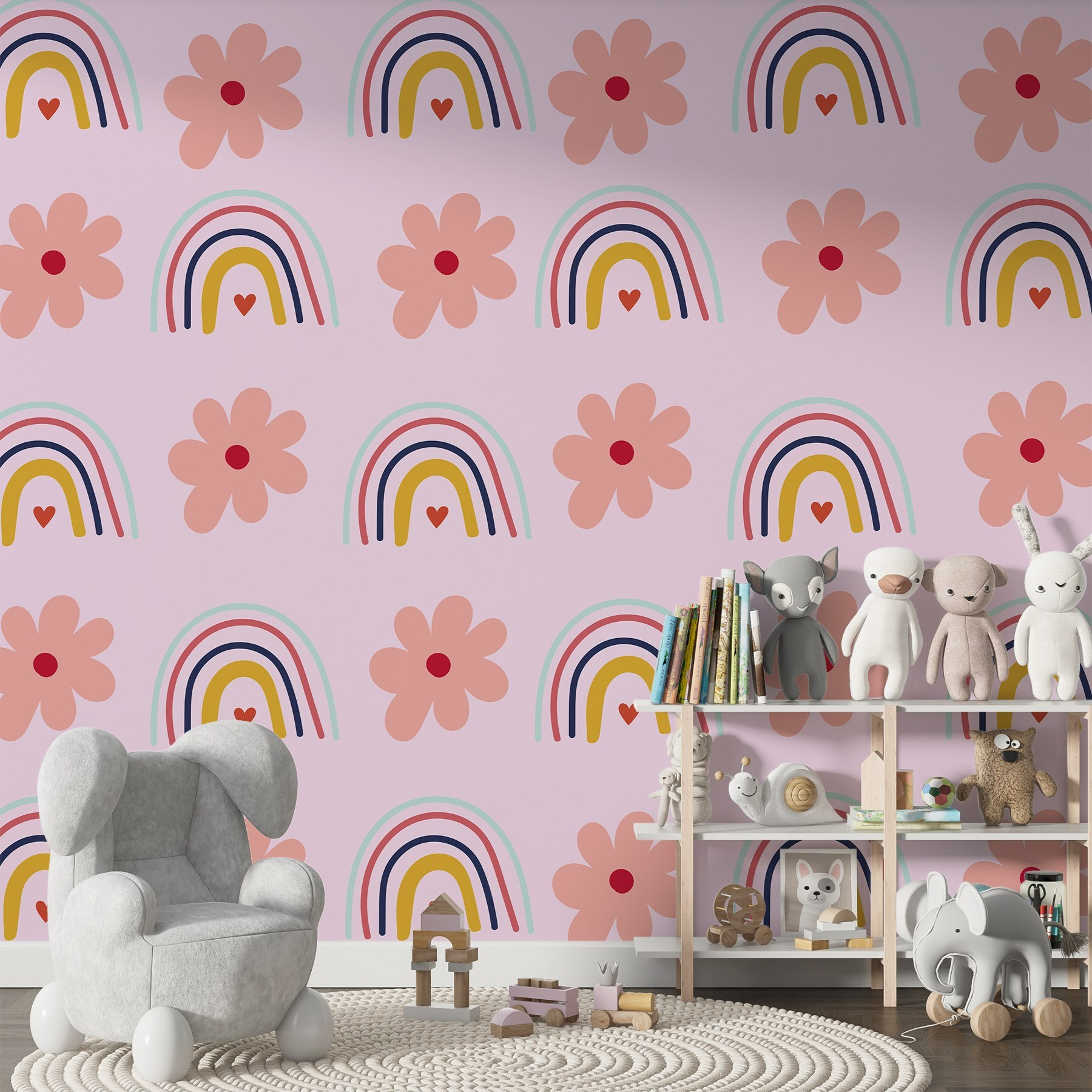 Pattern of flowers and rainbows
