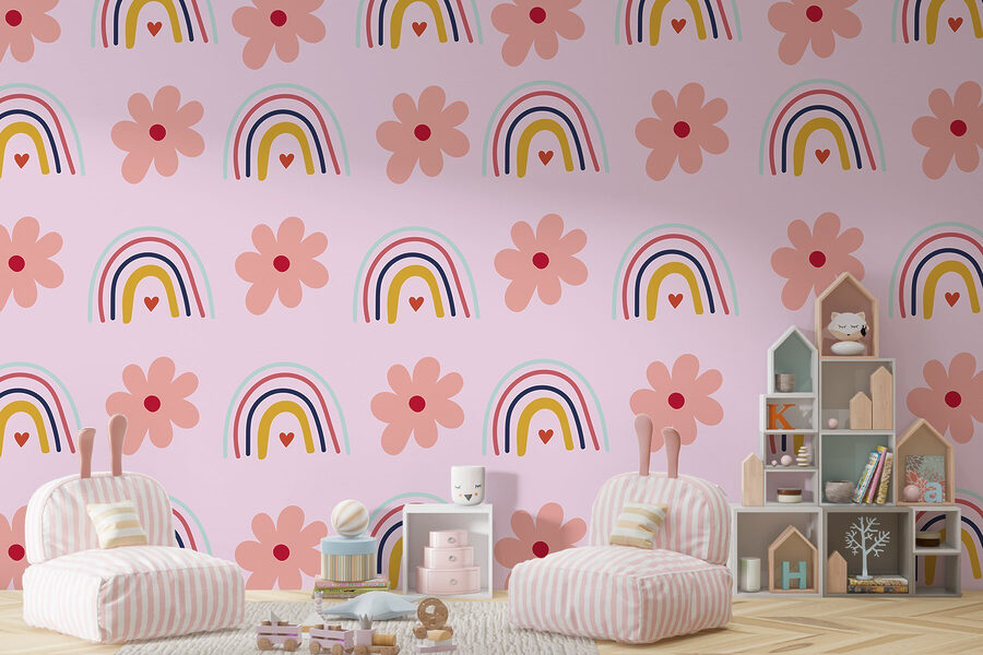 Pattern of flowers and rainbows