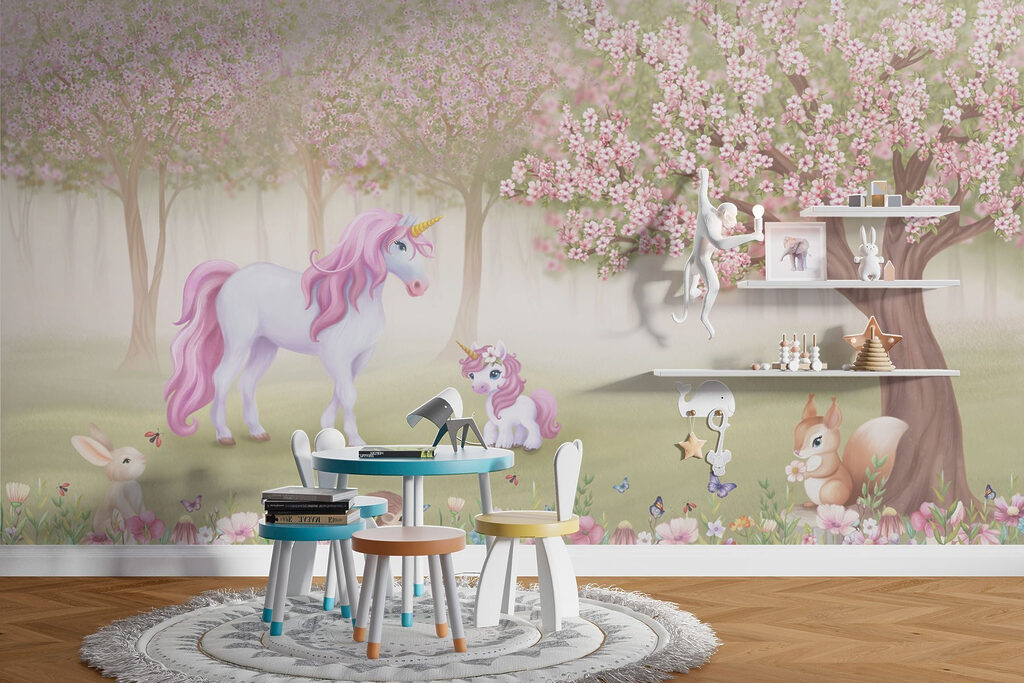 Unicorn and a squirrel in a forest