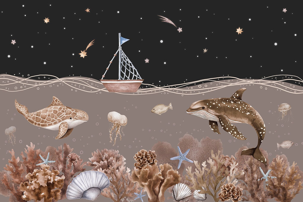 Sea life with a boat and a whale Sea life with a boat and a whale