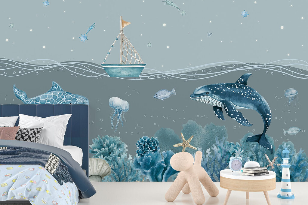 Sea life with a boat and fish