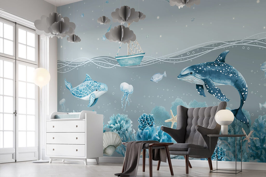 Sea life with a boat and fish