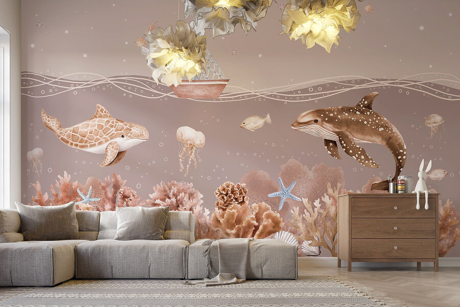 Wall murals Sea life with a boat and fish