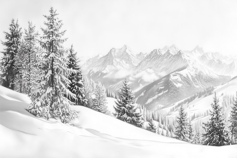 Snowy mountain with trees and mountains in the background
