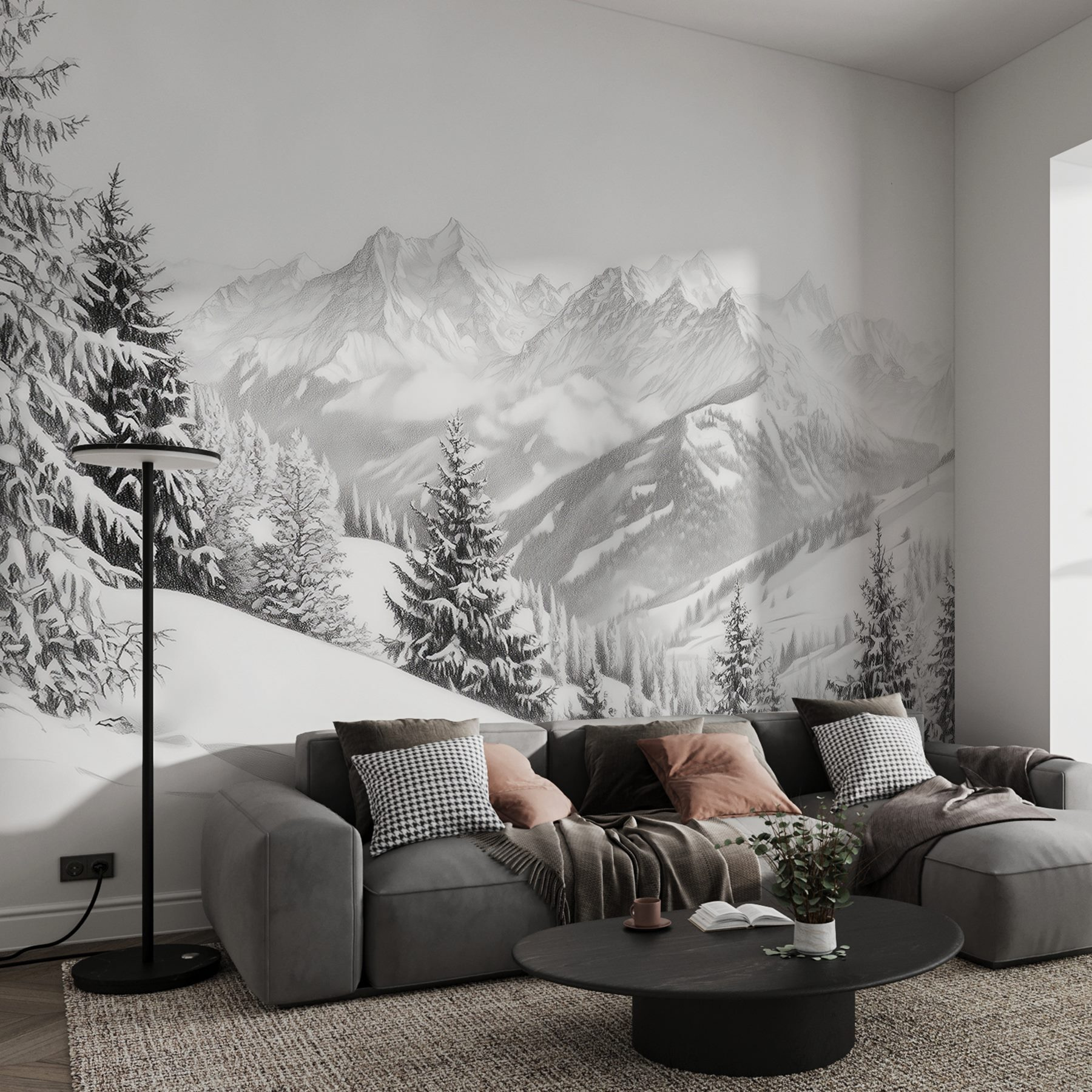 Snowy mountain with trees and mountains in the background Snowy mountain with trees and mountains in the background