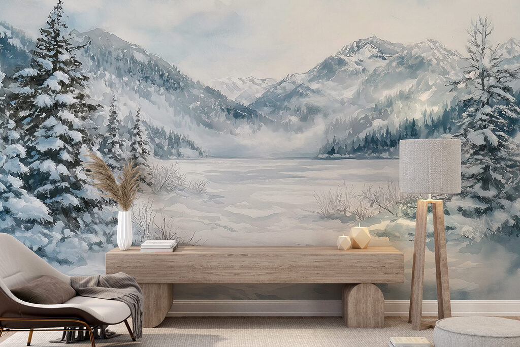 Snowy landscape with trees and mountains