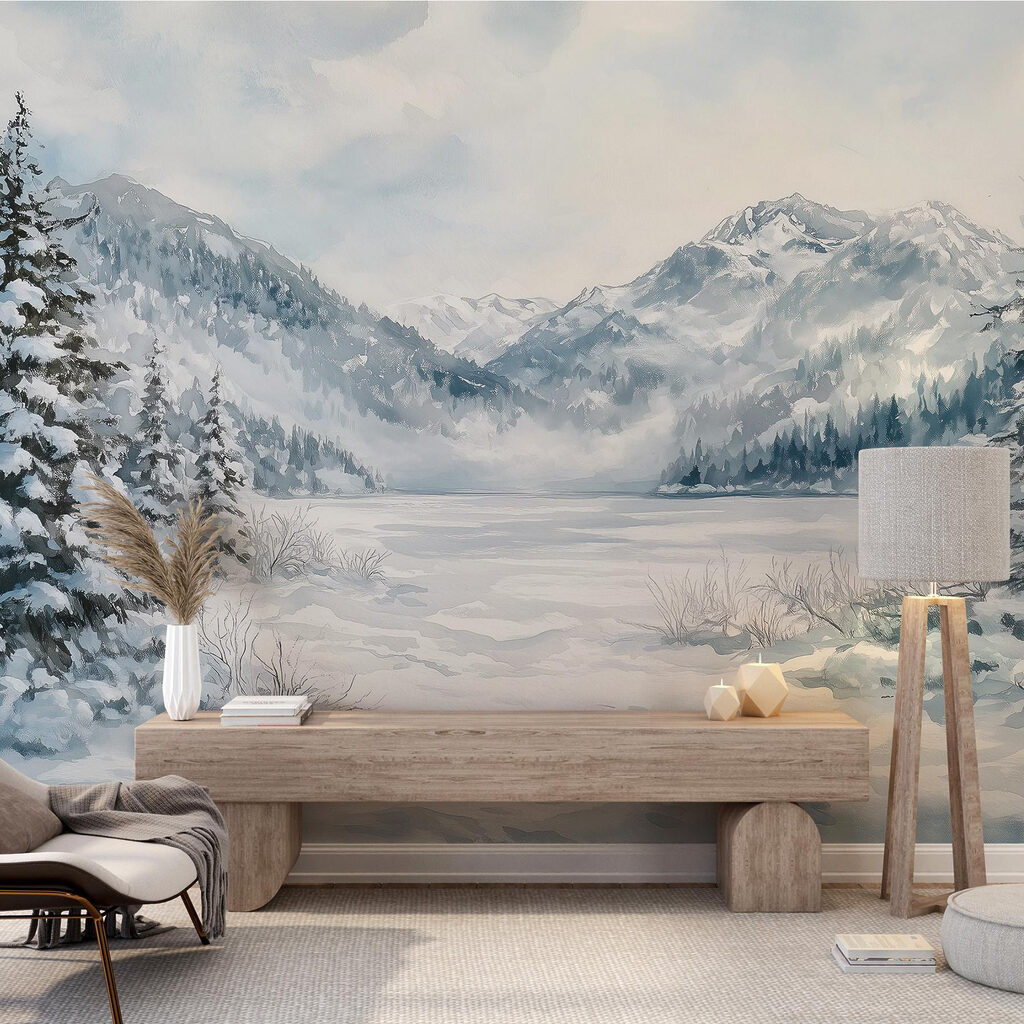 Snowy landscape with trees and mountains