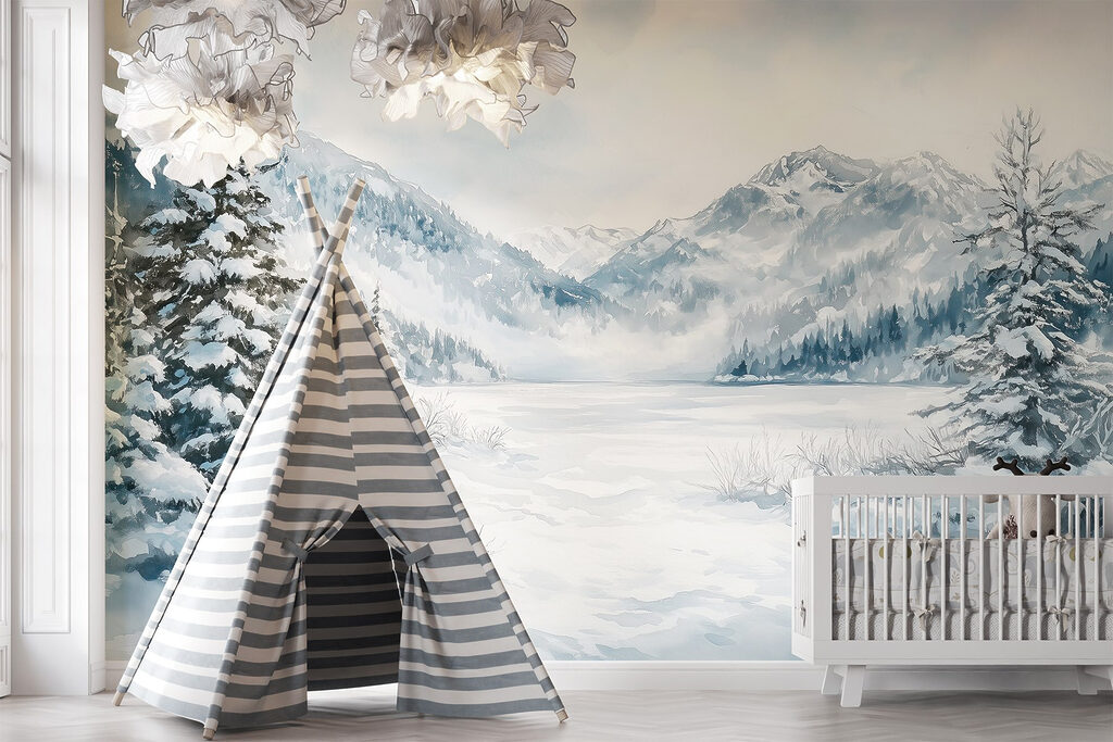 Snowy landscape with trees and mountains