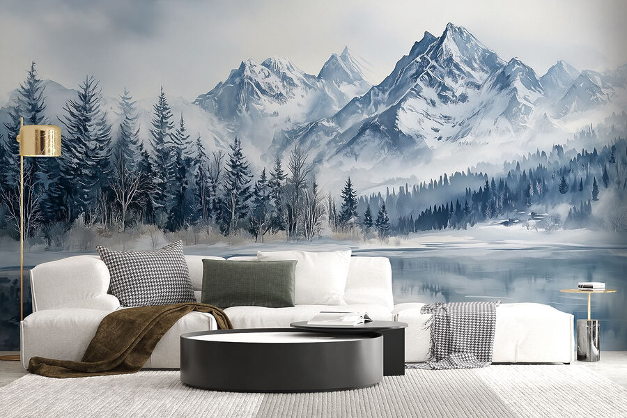 Lake with snow covered mountains and trees Lake with snow covered mountains and trees