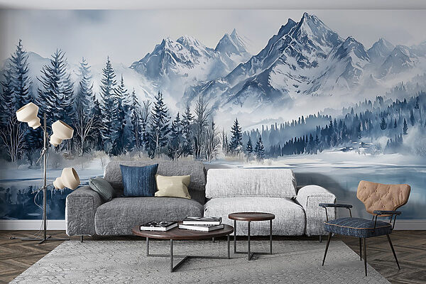 Lake with snow covered mountains and trees Lake with snow covered mountains and trees
