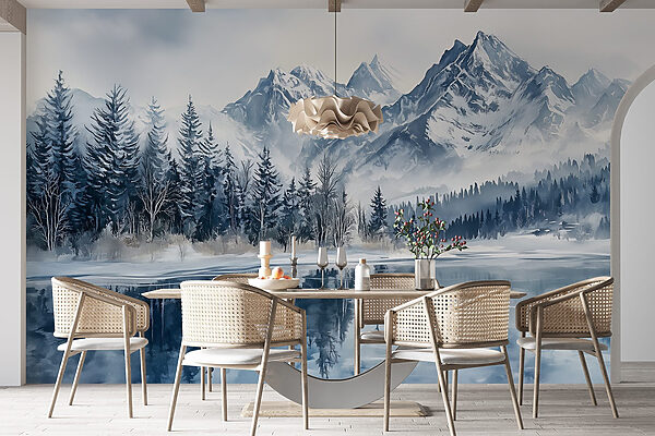 Lake with snow covered mountains and trees Lake with snow covered mountains and trees