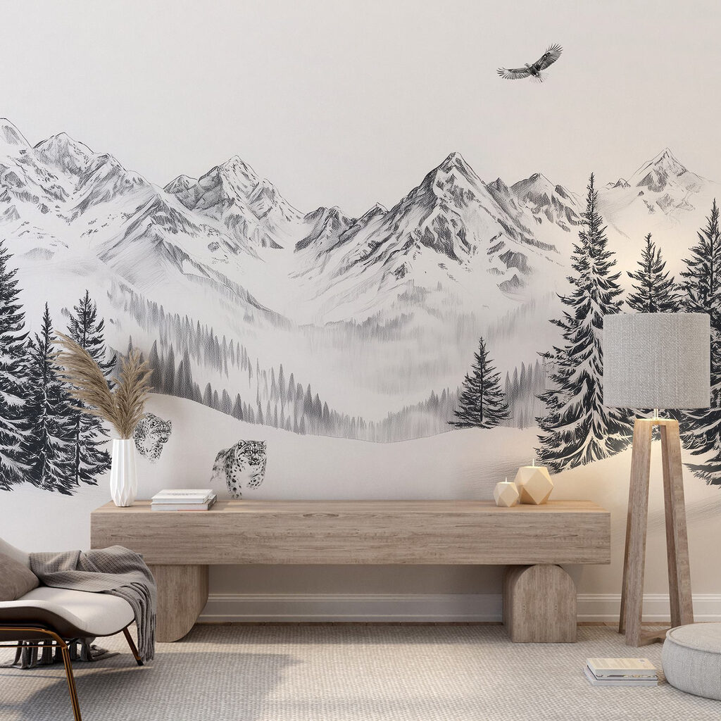 Snowy mountain landscape with trees and a bird flying over it Snowy mountain landscape with trees and a bird flying over it