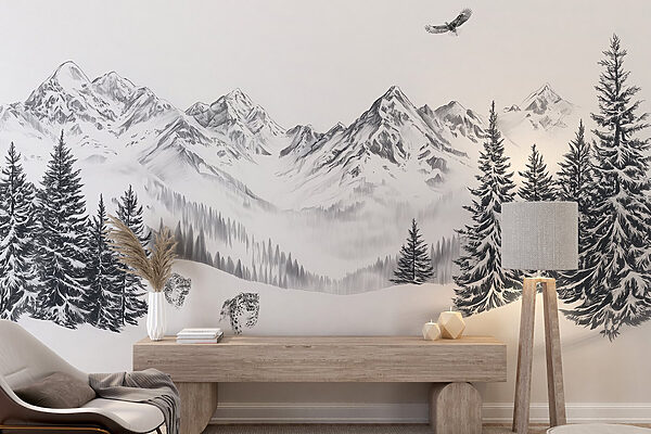Snowy mountain landscape with trees and a bird flying over it Snowy mountain landscape with trees and a bird flying over it