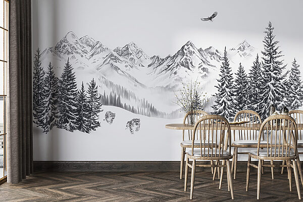 Snowy mountain landscape with trees and a bird flying over it Snowy mountain landscape with trees and a bird flying over it