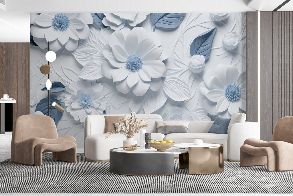 White and blue flowers and leaves White and blue flowers and leaves