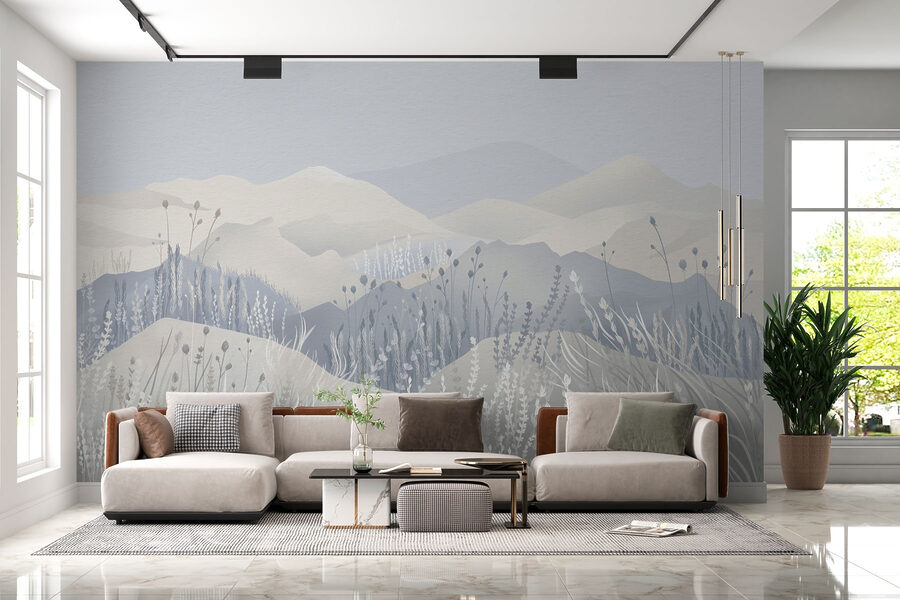 Painting of a landscape with mountains and grass