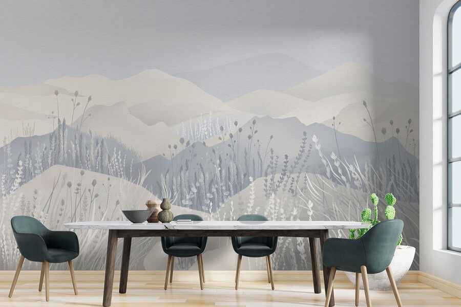 Painting of a landscape with mountains and grass