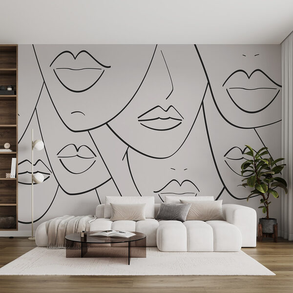 Group of faces with lips and lips drawn in black and white Group of faces with lips and lips drawn in black and white