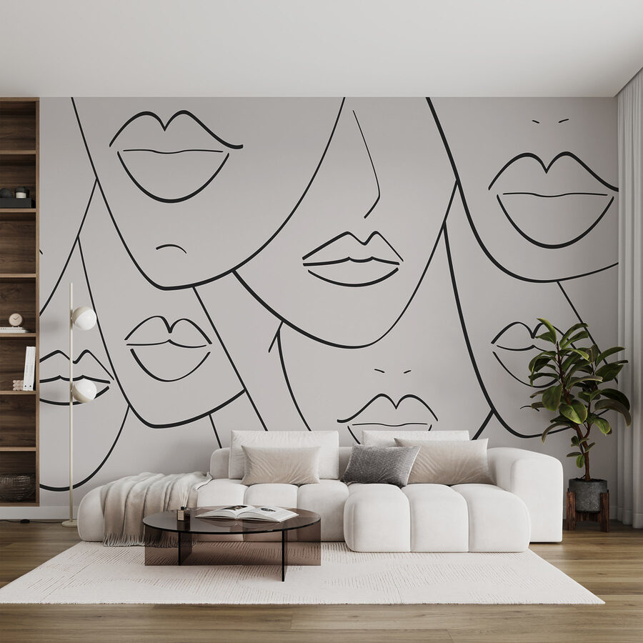 Group of faces with lips and lips drawn in black and white