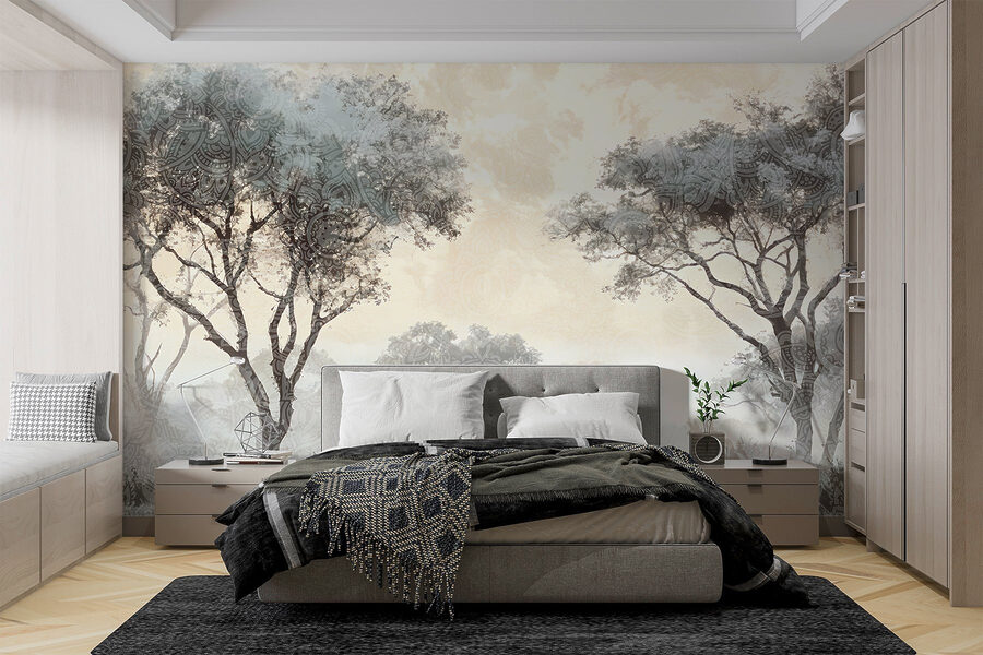 Foggy landscape with trees and plants