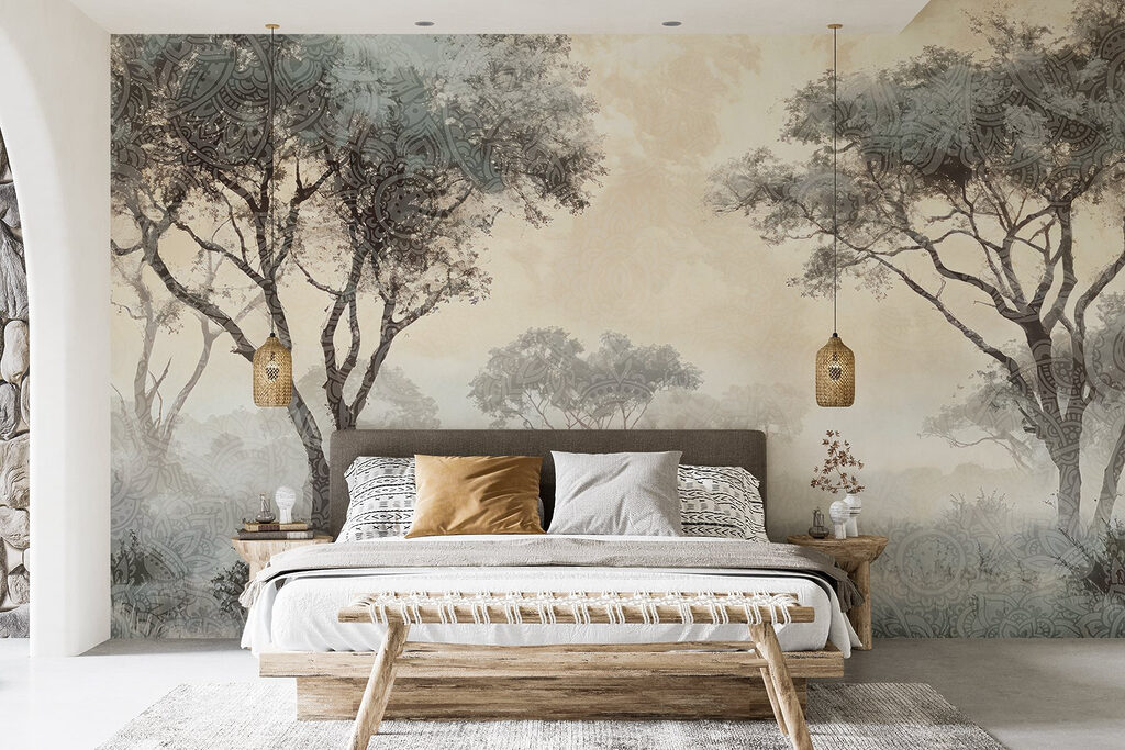 Foggy landscape with trees and plants