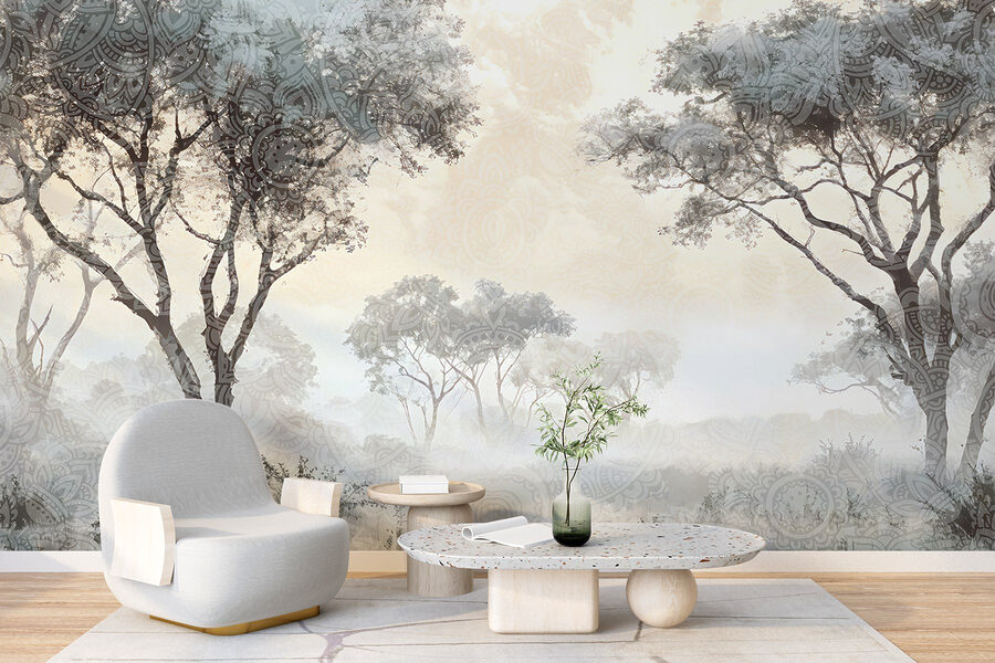 Foggy landscape with trees and plants