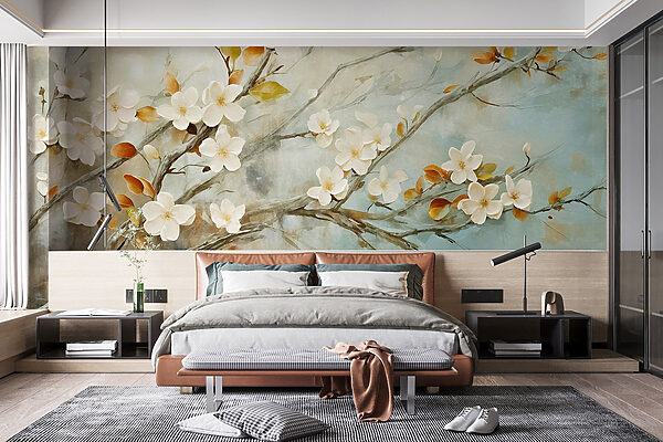 Wall murals Wall murals Painting of a branch with white flowers (SKU: w08444)