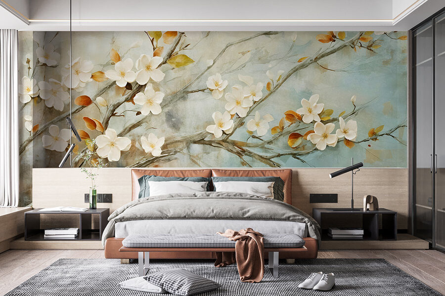 Painting of a branch with white flowers