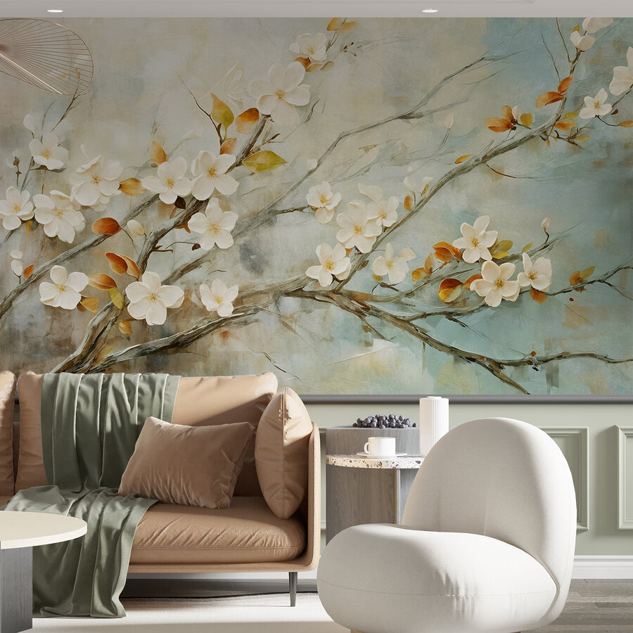 Painting of a branch with white flowers