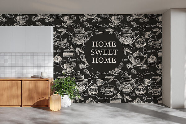 Wallpaper with teapots and cups Wallpaper with teapots and cups