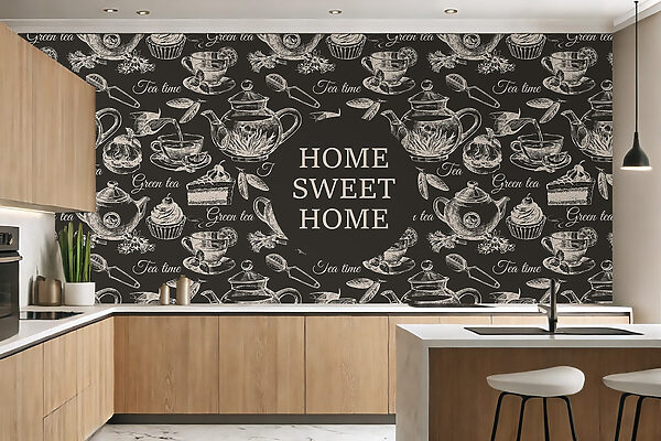 Wallpaper with teapots and cups Wallpaper with teapots and cups
