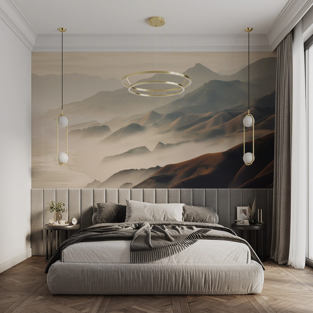 Foggy mountains with hills and water