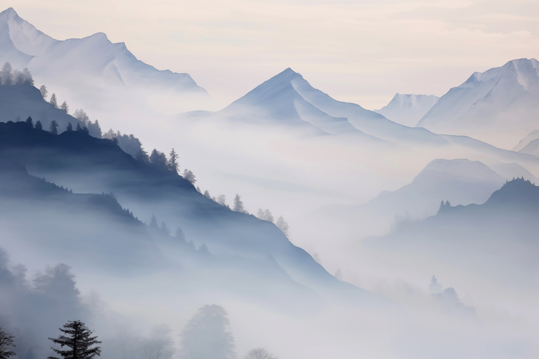 Mountain range with trees and fog
