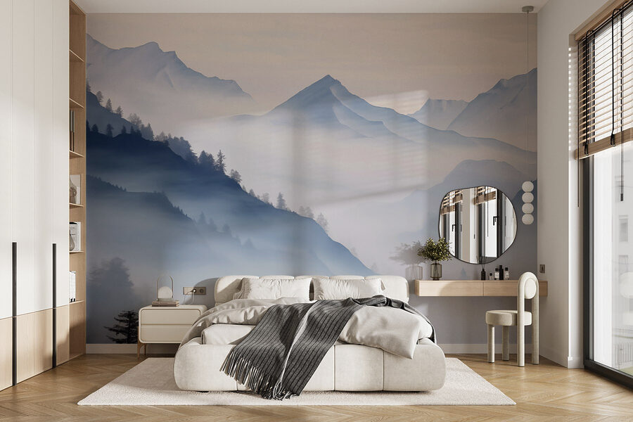 Mountain range with trees and fog