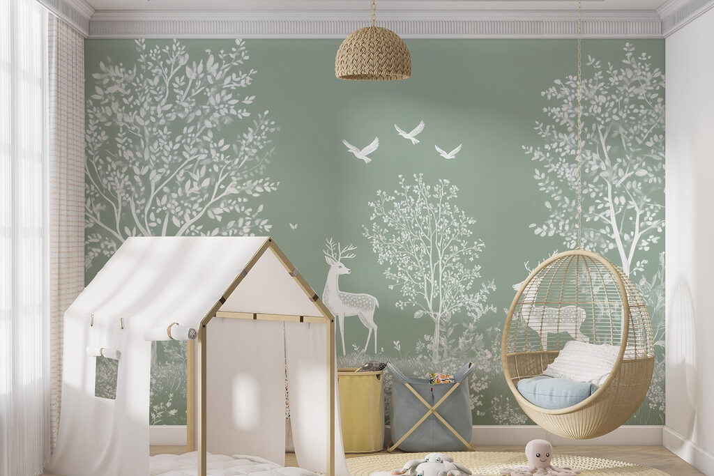 White deer and birds in a field White deer and birds in a field