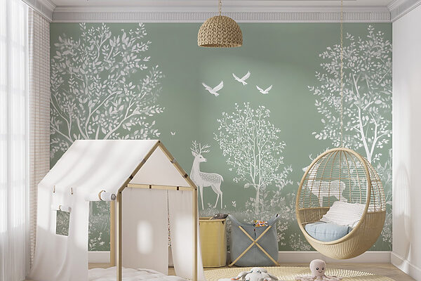 White deer and birds in a field White deer and birds in a field