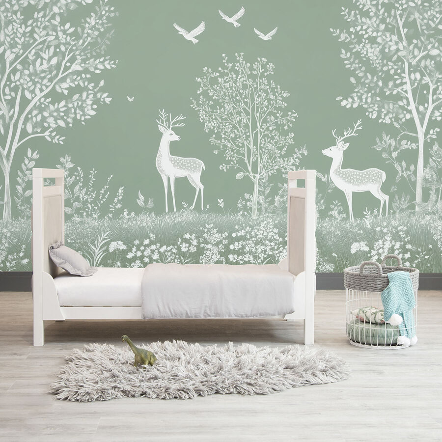 White deer and birds in a field