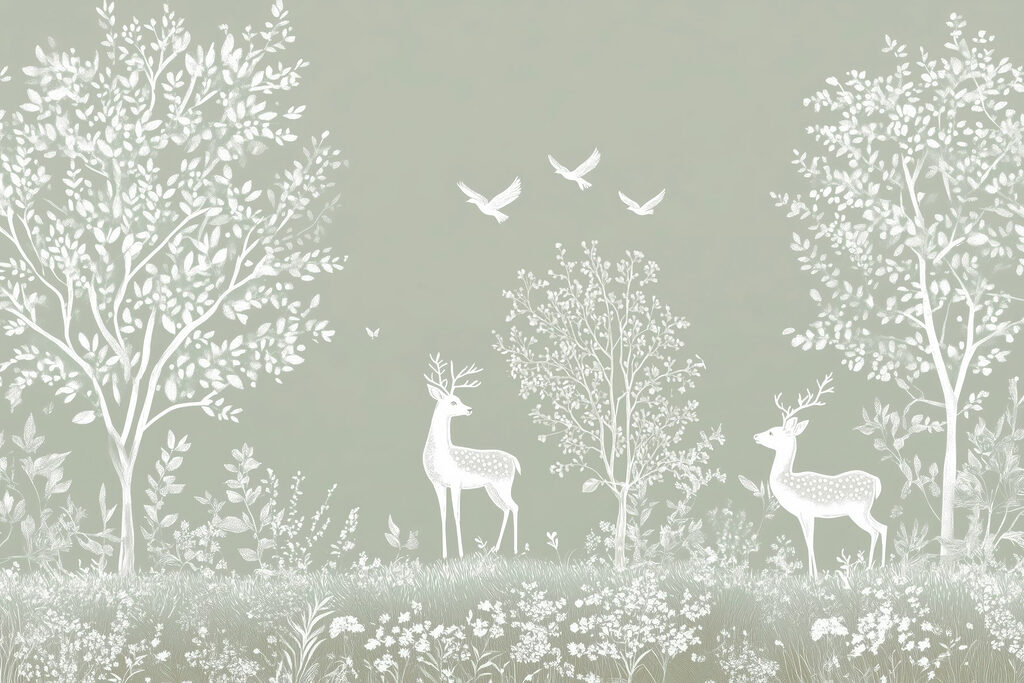 White deer and birds in a forest White deer and birds in a forest
